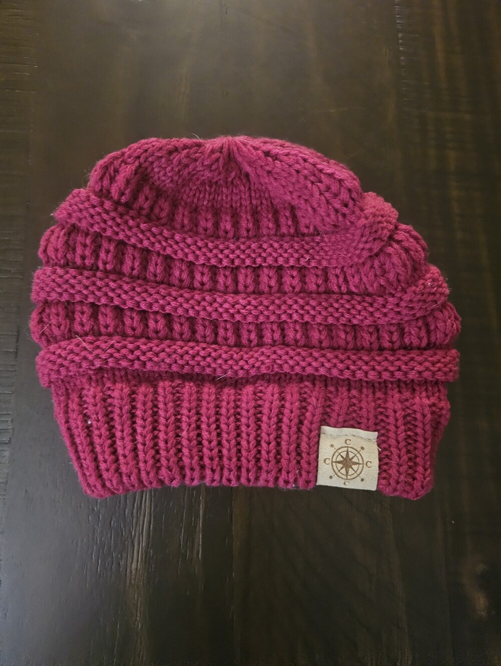 Raspberry Pink Knit Kids Beanie with Compass Patch